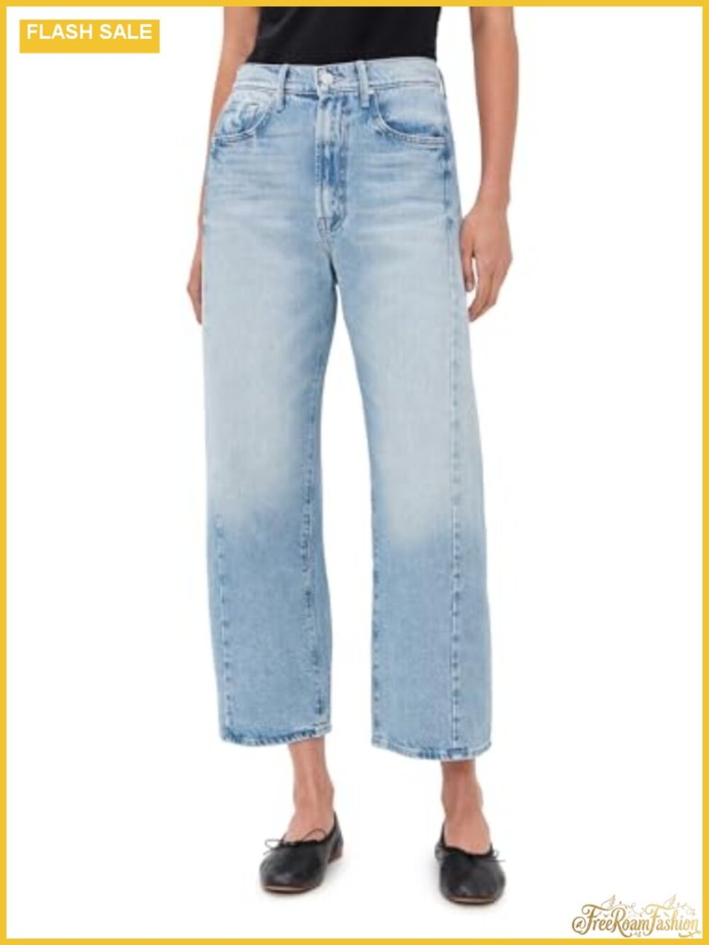 Non-Stretch High Rise Wide Leg Ankle Denim Jeans with 5 Pockets